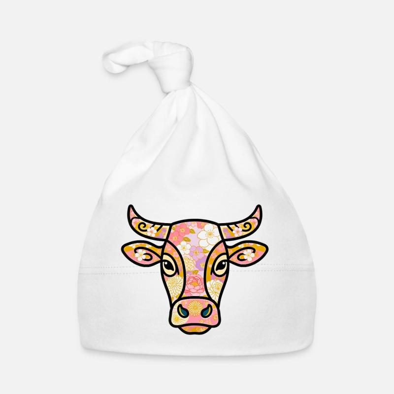 Vache florale pastel bohème - Bonnet bio Bébé - blanc