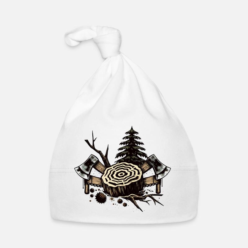 Motif de bûcheron avec tronc d’arbre et haches Bonnet bio Bébé