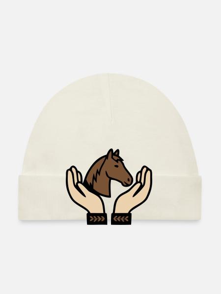 Mains tenant un cheval Équestre - Bonnet bio Bébé - blanc - Devant