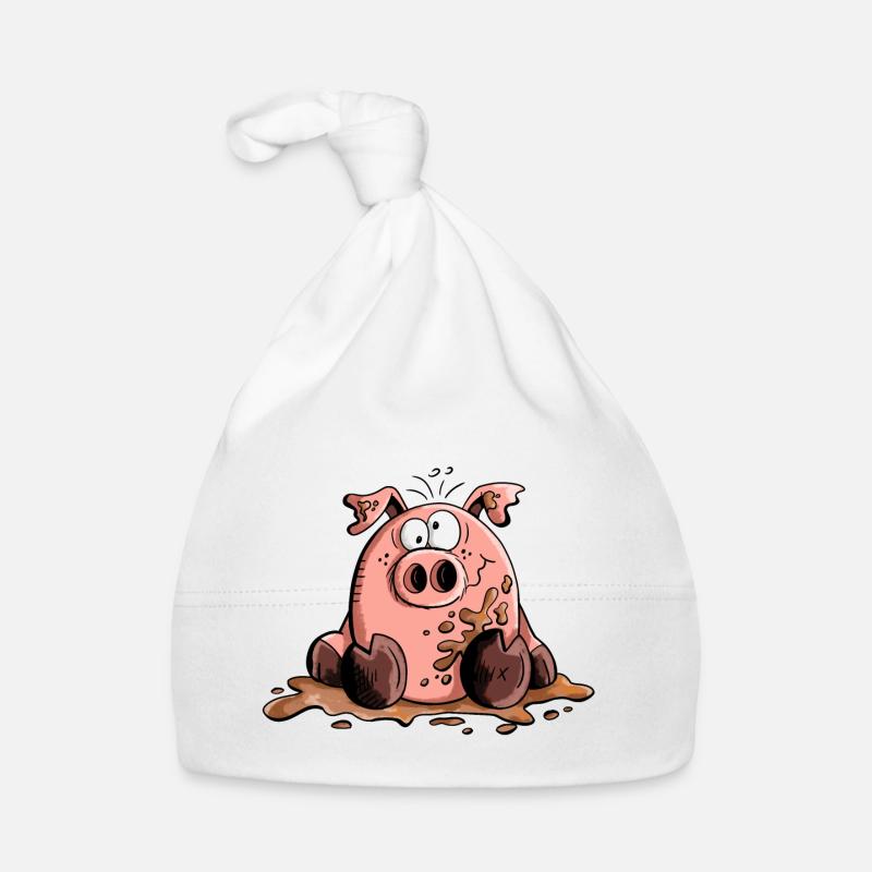 Cochon dans la boue - Cochons - Cadeau - Bonnet bio Bébé - blanc