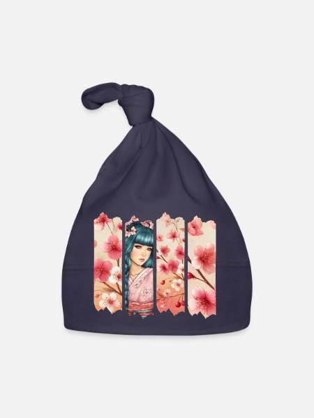 Kirschblüten Kimono Panel Portrait - Baby Bio-Mütze - Navy - Vorne