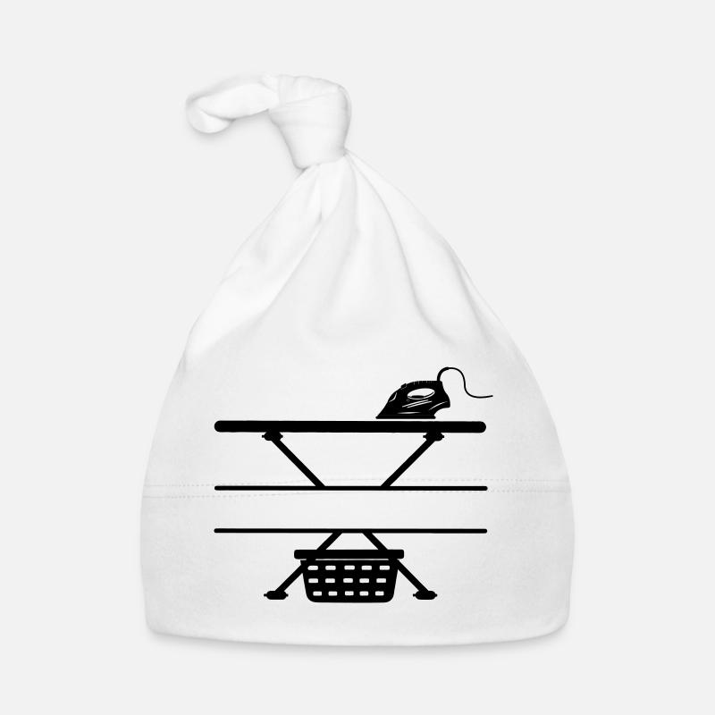 Iron, ironing board and laundry basket, text banner Organic Baby Cap