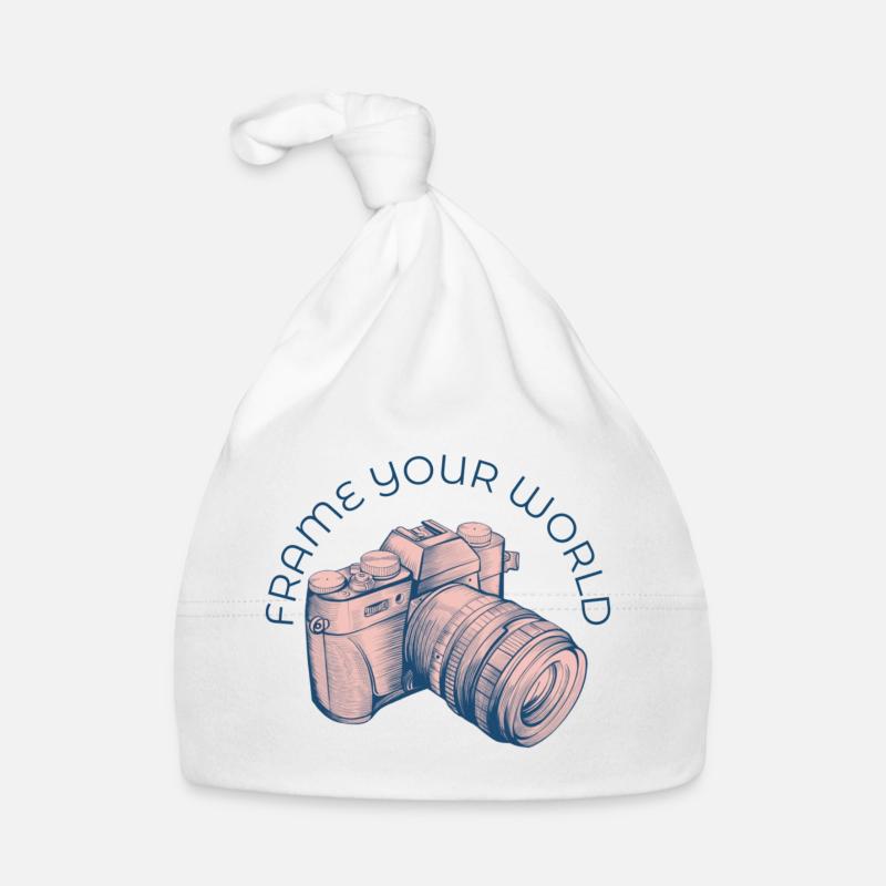 Un dessin de caméra rose - Logo - Bonnet bio Bébé - blanc