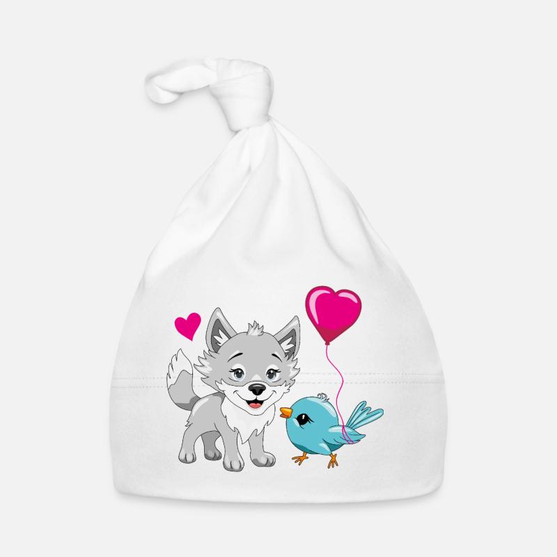 Bébé loup heureux et oiseau mignon avec un ballon - Bonnet bio Bébé - blanc