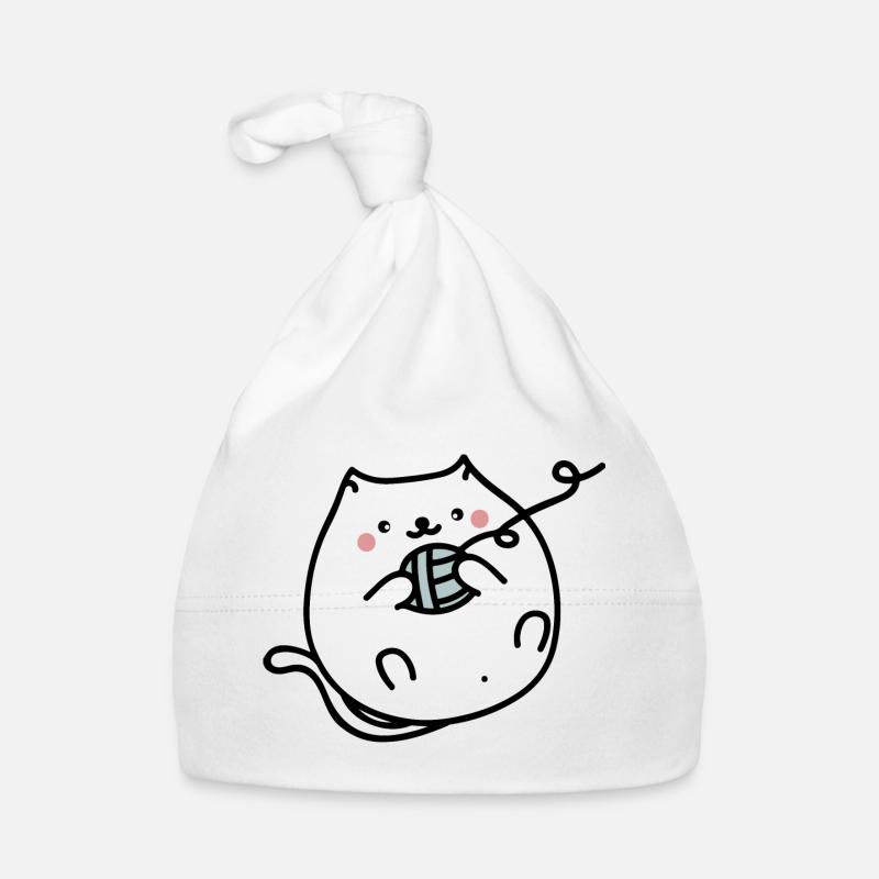 Chat mignon avec pelote de laine - Bonnet bio Bébé - blanc