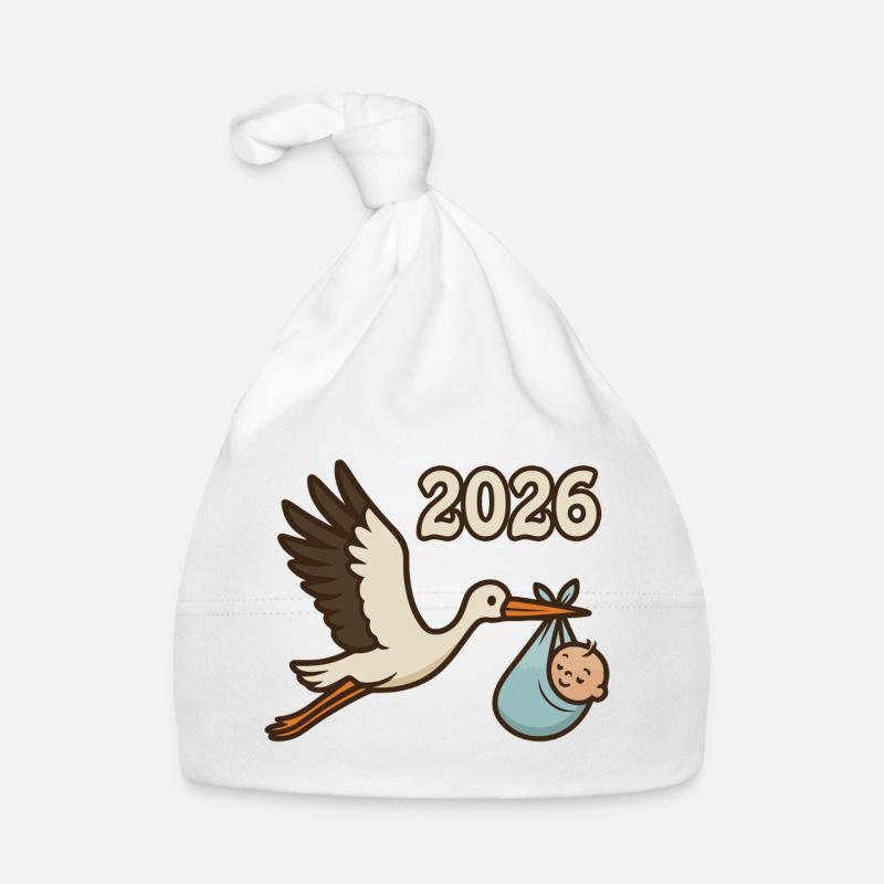 Storch mit Findelkind im Schnabel 2026 Baby Bio-Mütze