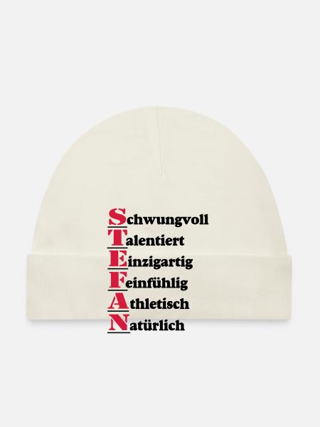 Stefan , Vorname,Namensschild,Name,Fun Shirt (25) - Baby Bio-Mütze - Weiß - Vorne