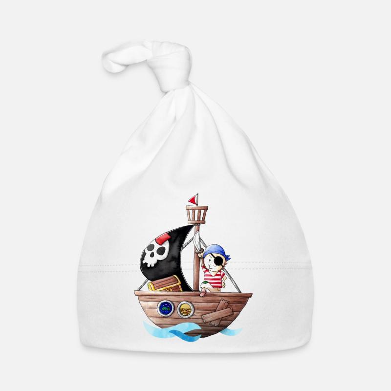 Petit pirate avec son bateau - Bonnet bio Bébé - blanc