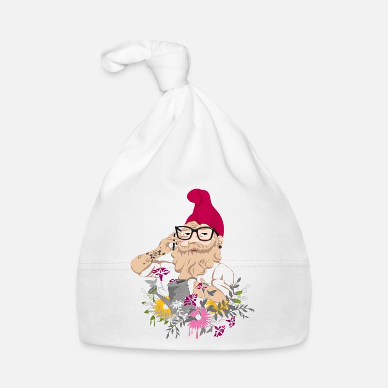 Ein Gartenzwerg als Hipster mit Brille und Tattoos Baby Bio-Mütze