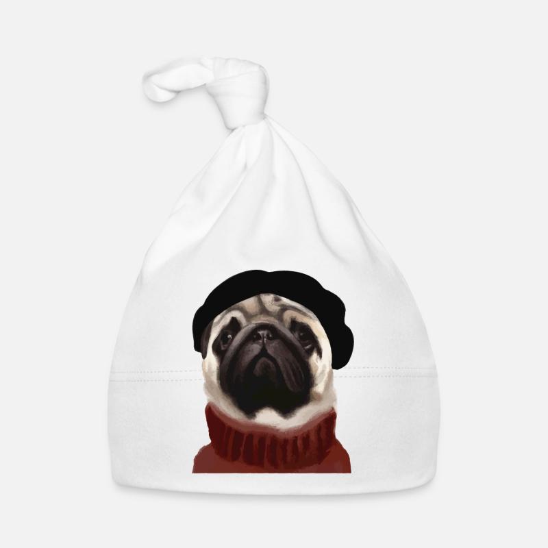 Chien carlin avec casquette et pull - Bonnet bio Bébé - blanc