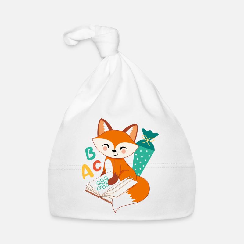 Renard avec cône d’école inscription à l’école enfant écolier - Bonnet bio Bébé - blanc