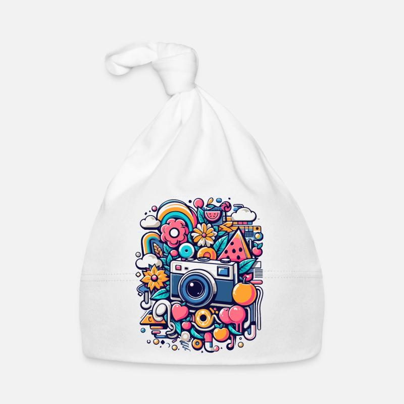Bunte Collage mit Kamera Baby Bio-Mütze