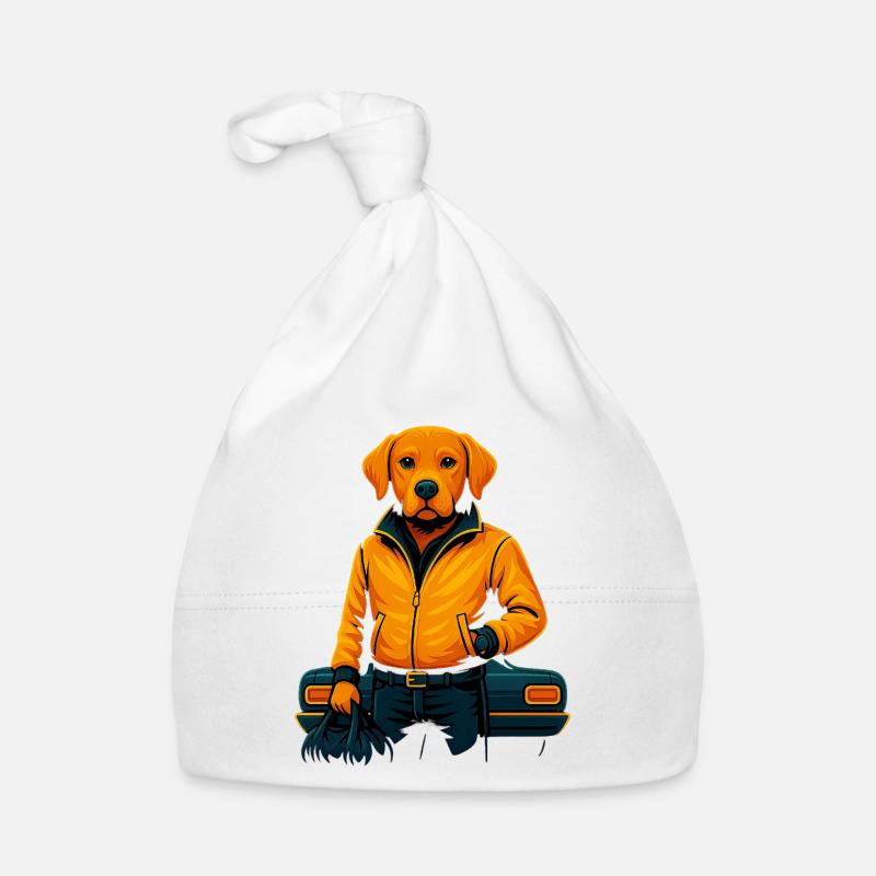 Cooler Hund im orangenen Jacket – Stilvoller Labra Baby Bio-Mütze
