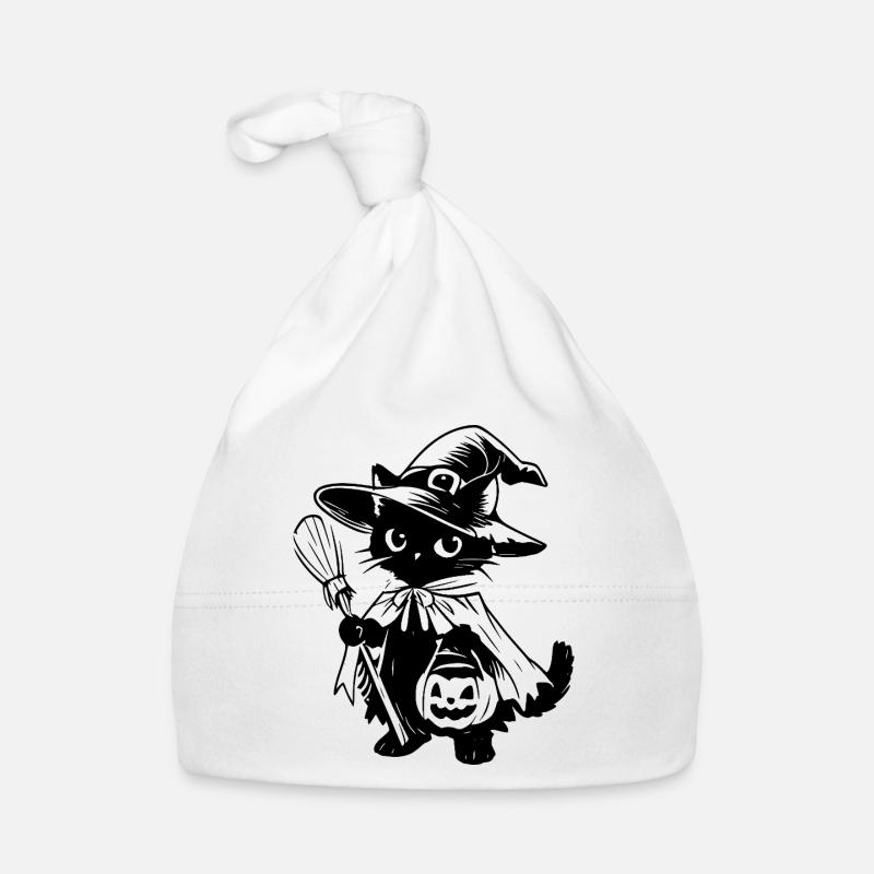 Black Cat Witch with Broom and Jack-o-lantern Organic Baby Cap