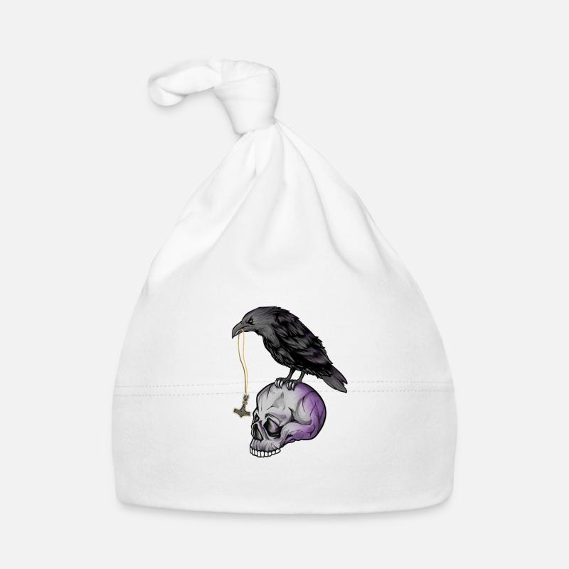 Gothic crow with Mjölnir necklace on skull - Goth Organic Baby Cap