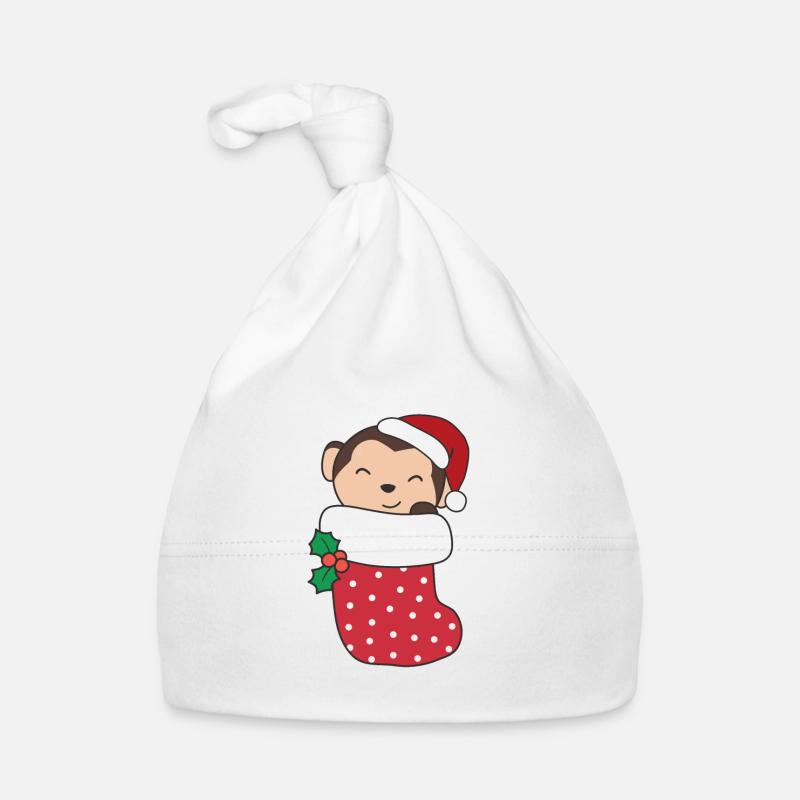 Cute monkey in Christmas sock for Christmas monkey Organic Baby Cap