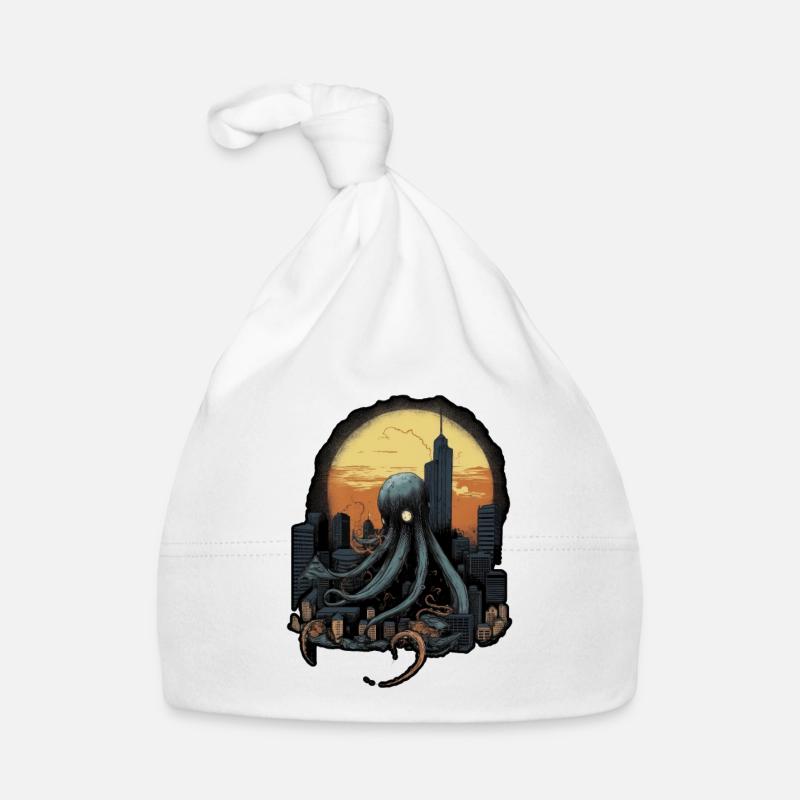 Giant Octopus Squid atacking the city on a sunset Organic Baby Cap