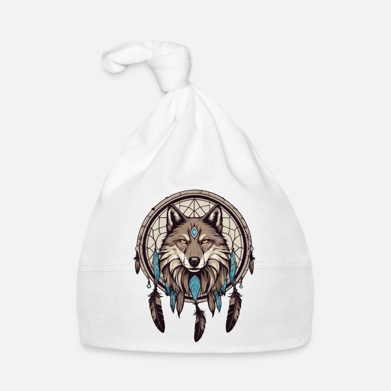Traumfänger mit Wolf - Baby Bio-Mütze - Weiß