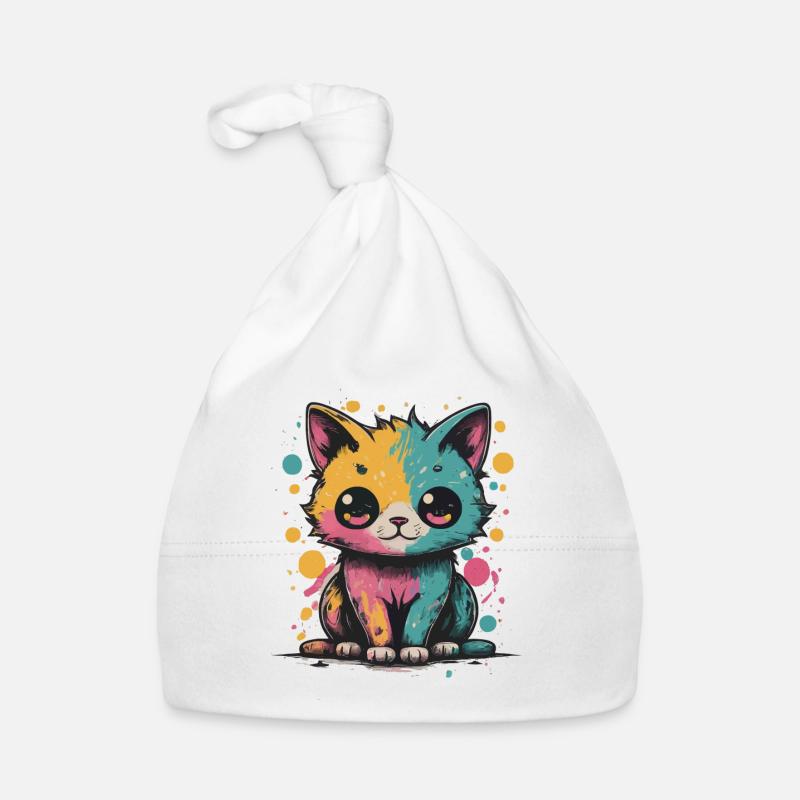 Chat Kawaii coloré - Bonnet bio Bébé - blanc