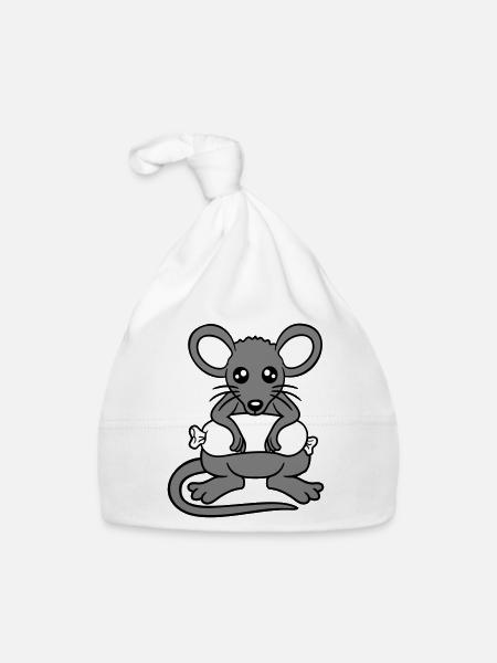 Souris grosse saucisse manger faim saucisse grillades - Bonnet bio Bébé - blanc - Devant