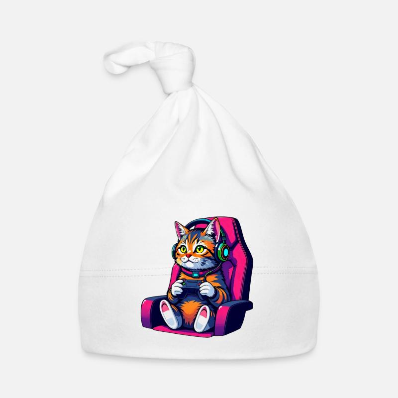 Retro Gamer Cat with Headset and Controller - Organic Baby Cap - white