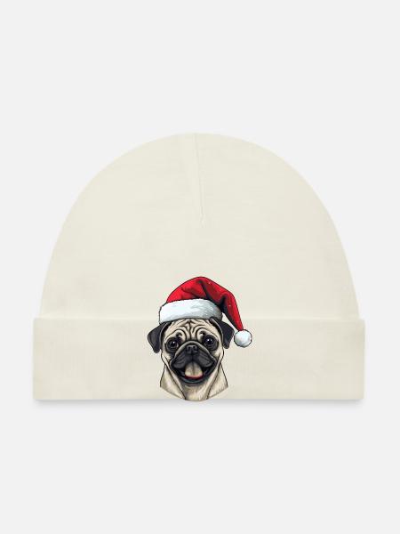 Pug Hund Mops Kopf Weihnachten Portät - Baby Bio-Mütze - Weiß - Vorne