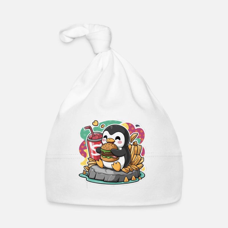 Pingouin avec boisson gazeuse, burger, frites Bonnet bio Bébé