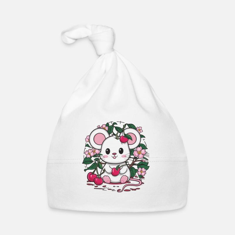 Mäuschen mit Kirschen und Sakura Kirschblüten Baby Bio-Mütze