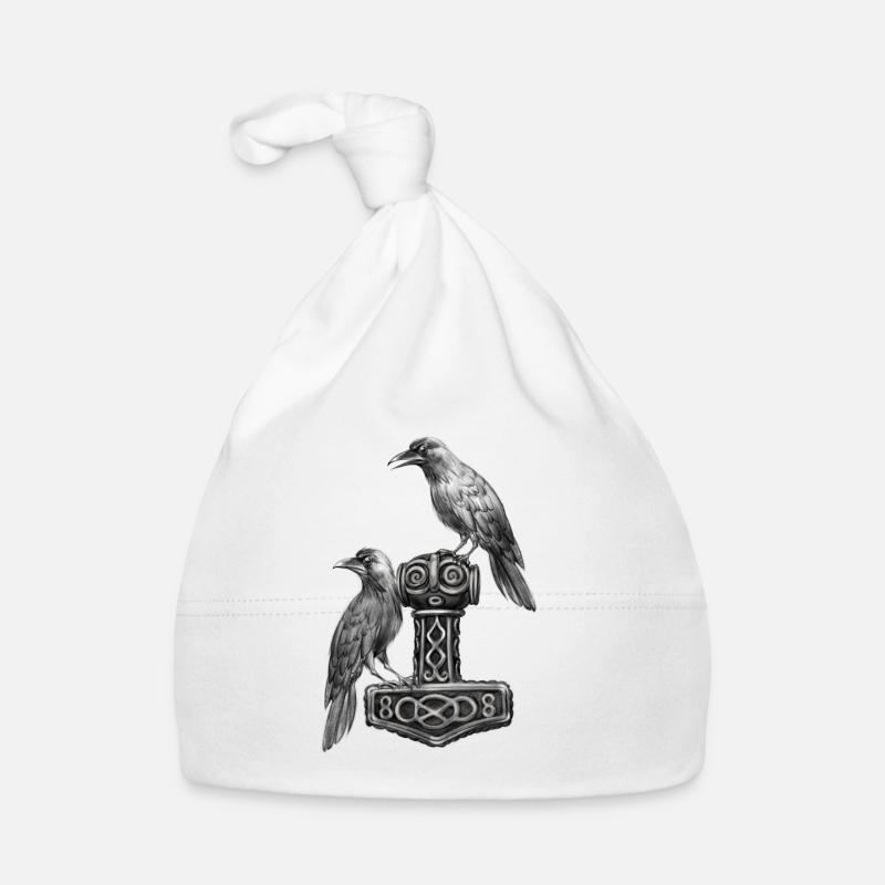 Thor Hammer Mjölnir mit Odin Raben Hugin und Munin Baby Bio-Mütze