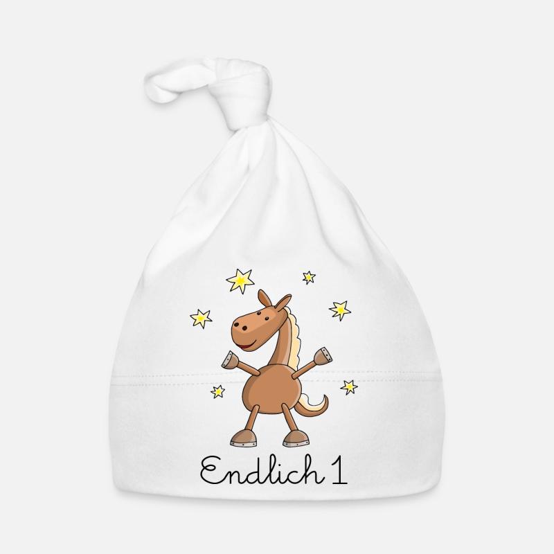 Pferd "Endlich 1." Erster Geburtstag - Baby Bio-Mütze - Weiß