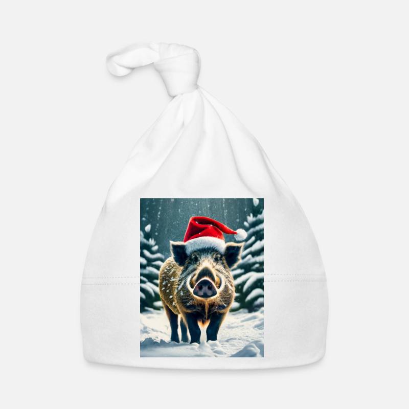 Sanglier de Noël dans la neige - Bonnet bio Bébé - blanc