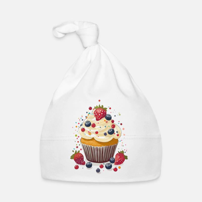 Cupcake ou muffin à la crème et aux baies - Bonnet bio Bébé - blanc