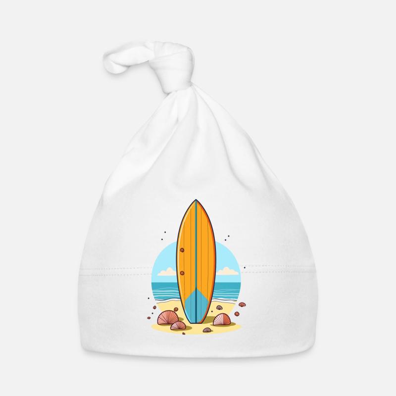 Surfboard am Strand mit Muscheln Baby Bio-Mütze