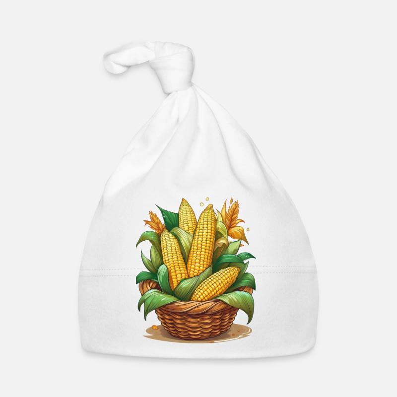 Épis de maïs dans un panier en osier - Bonnet bio Bébé - blanc