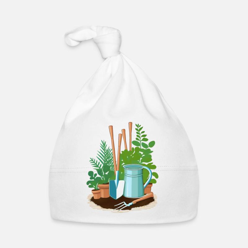 Utensilien eines Gärtners: Schaufel, Harke, ect Baby Bio-Mütze