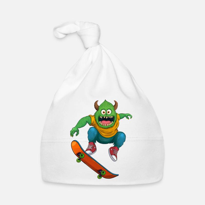 Monster avec planche à roulettes – Cadeau pour les patineurs - Bonnet bio Bébé - blanc