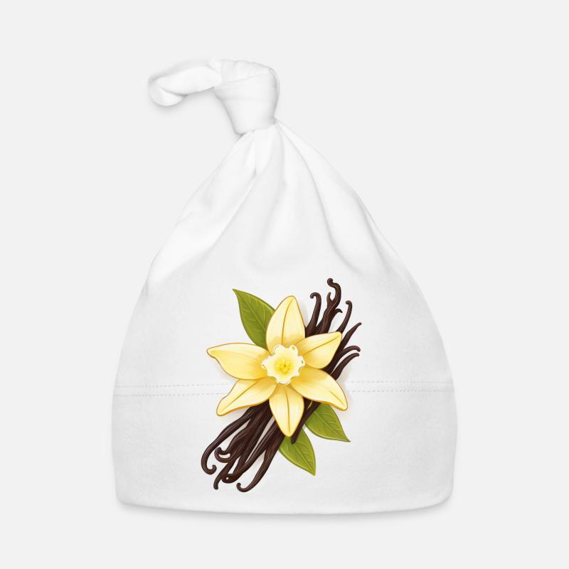 Vanille – Fleur de vanille et gousses de vanille - Bonnet bio Bébé - blanc