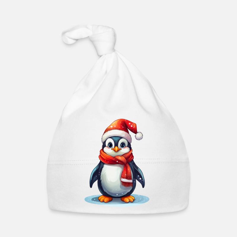Pingouin à Noël et en hiver - Bonnet bio Bébé - blanc