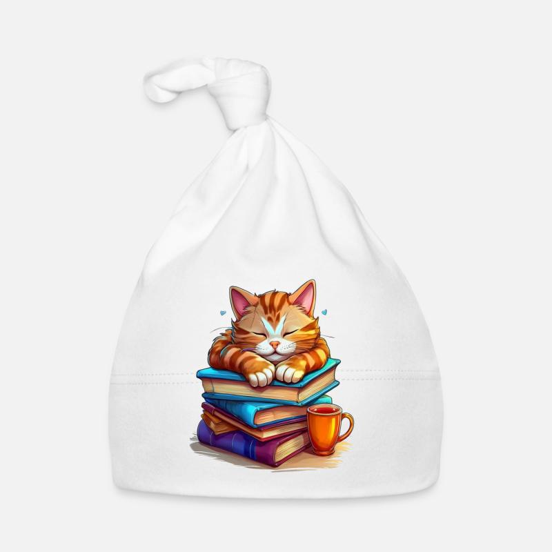 Chat mignon dormant sur une pile de livres Bonnet bio Bébé