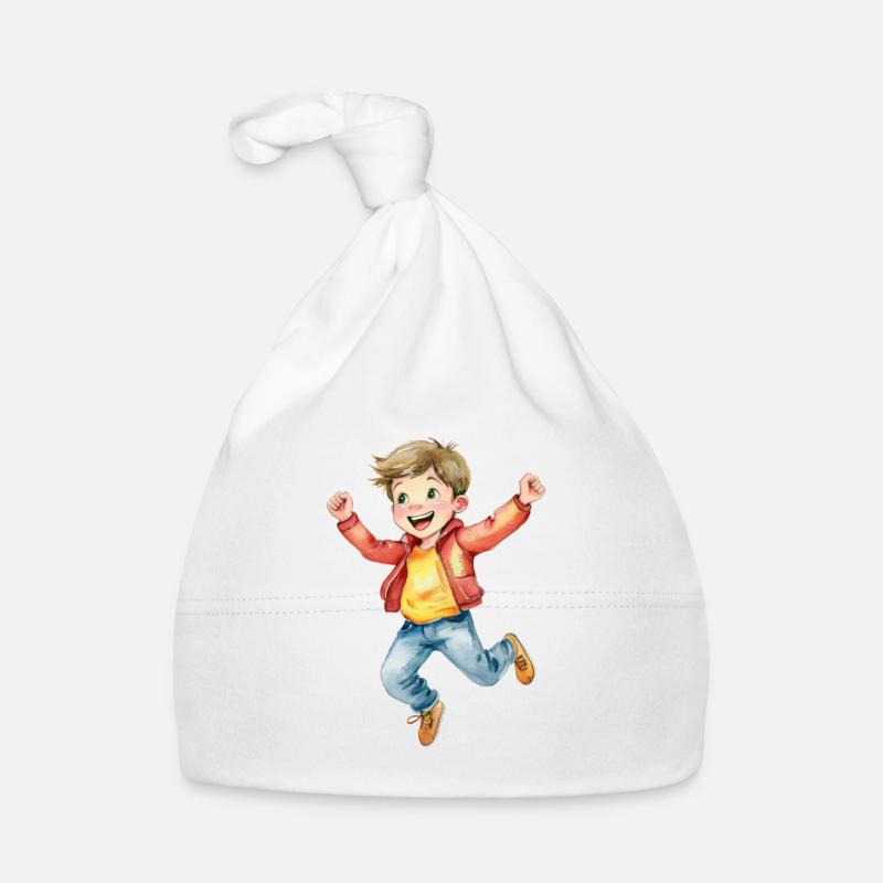 Ein Junge springt vor Freude in die Luft Baby Bio-Mütze
