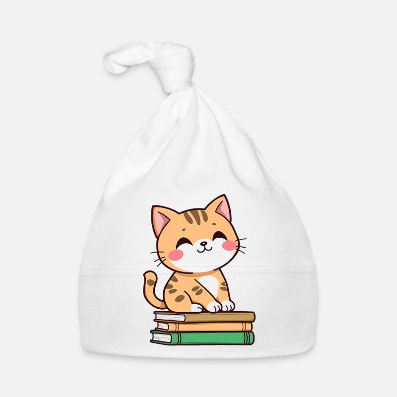 Chat avec des livres - Bonnet bio Bébé - blanc