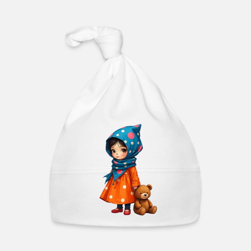 Fille à pois et ours - Bonnet bio Bébé - blanc