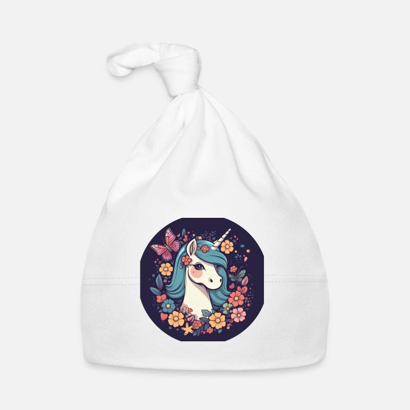 Elegantes Einhorn mit Schmetterling Blumen Baby Bio-Mütze