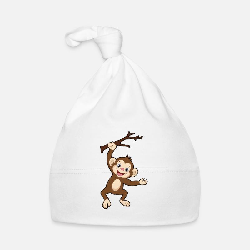 Singe grimpant sur une branche d'arbre - Bonnet bio Bébé - blanc