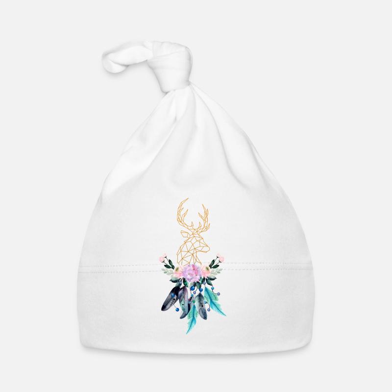 Cerf doré avec plumes fleurs cadeau femme - Bonnet bio Bébé - blanc