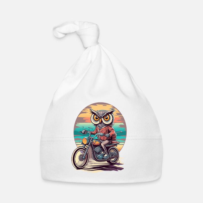 Retro Style Sunset Motorcycle Ride avec un hibou sage - Bonnet bio Bébé - blanc