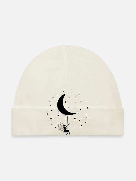 Elfe, baguette, balançoire et lune personnalisables - Bonnet bio Bébé - blanc - Devant
