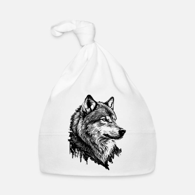 Dessin au trait de loup monochrome - Bonnet bio Bébé - blanc