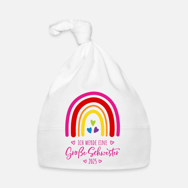 Ich werde eine große Schwester 2025 Regenbogen - Baby Bio-Mütze - Weiß