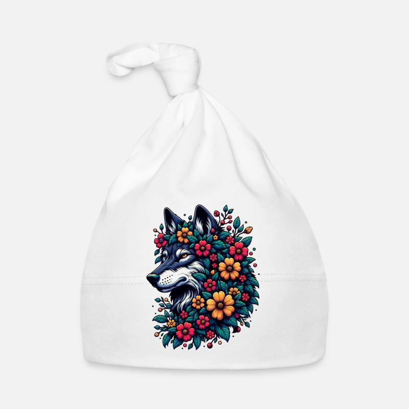 Wolf Mit Blumen Buntes Tiermotiv Grauwolf Blüten Baby Bio-Mütze